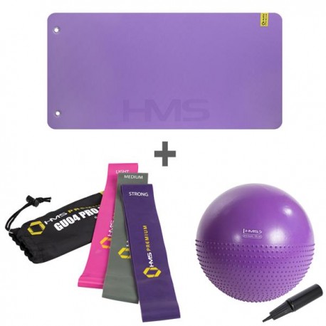 TRENIRUOČIŲ KILIMĖLIS + GIMNASTIKOS KAMUOLYS + PASIPRIEŠINIMO GUMOS SET MFK01 VIOLET + YB03 55CM PURPLE + EXERCISE BAND SET