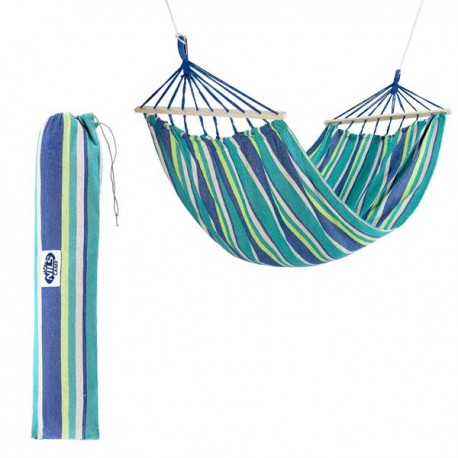 Hamakas NC9001 SEA BLUE HAMMOCK WITH 70CM WOODEN BEAM AND METAL HOLDER NILS CAMP